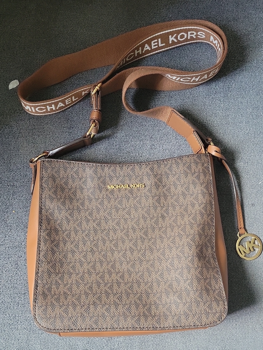 Authentic Michael Kors Brown Logo-Print Crossbody with Gold Accents